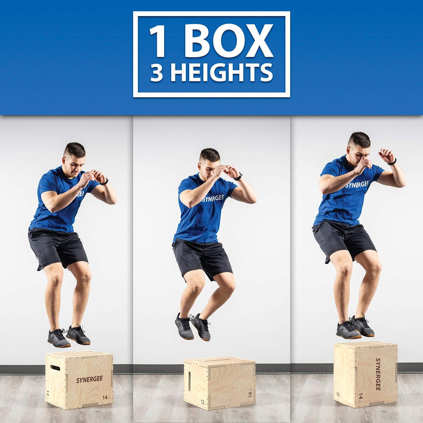 Synergee 3 in 1 Wood Plyometric Box for Jump Training and Conditioning. Wooden Plyo Box All in One Jump Trainer. Size - 20/18/16