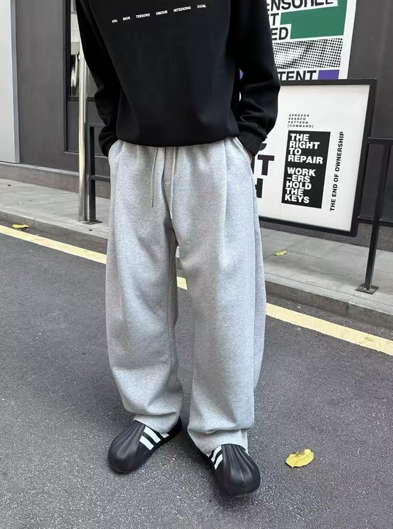 Drantren Men's Baggy Sweatpants Fashion Wide Leg Casual Sweat Pants Cotton Drawstring Stretch Joggers with Pockets Grey