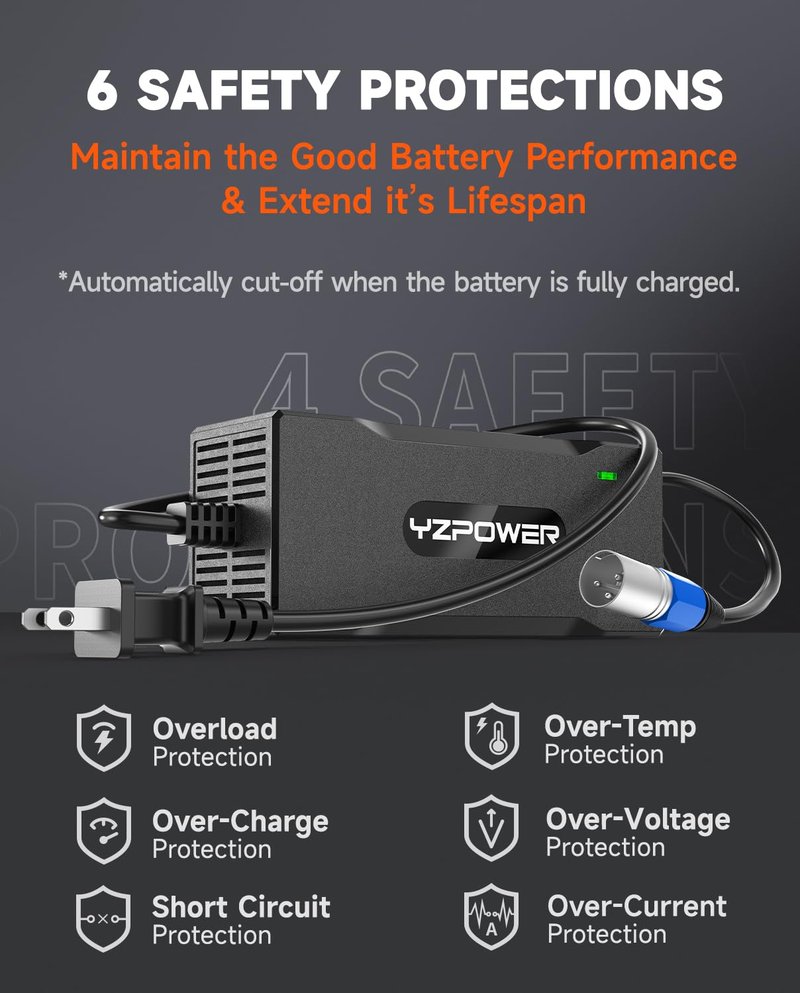 YZPOWER 36V Lithium Battery Charger 42V 2A Fast Charger with Turbo Cooling Fan - Overheat Protection, 3-Pin XLR Connector for Electric Bike/Scooter/E-Scooter for Mini Dirt 650 Battery
