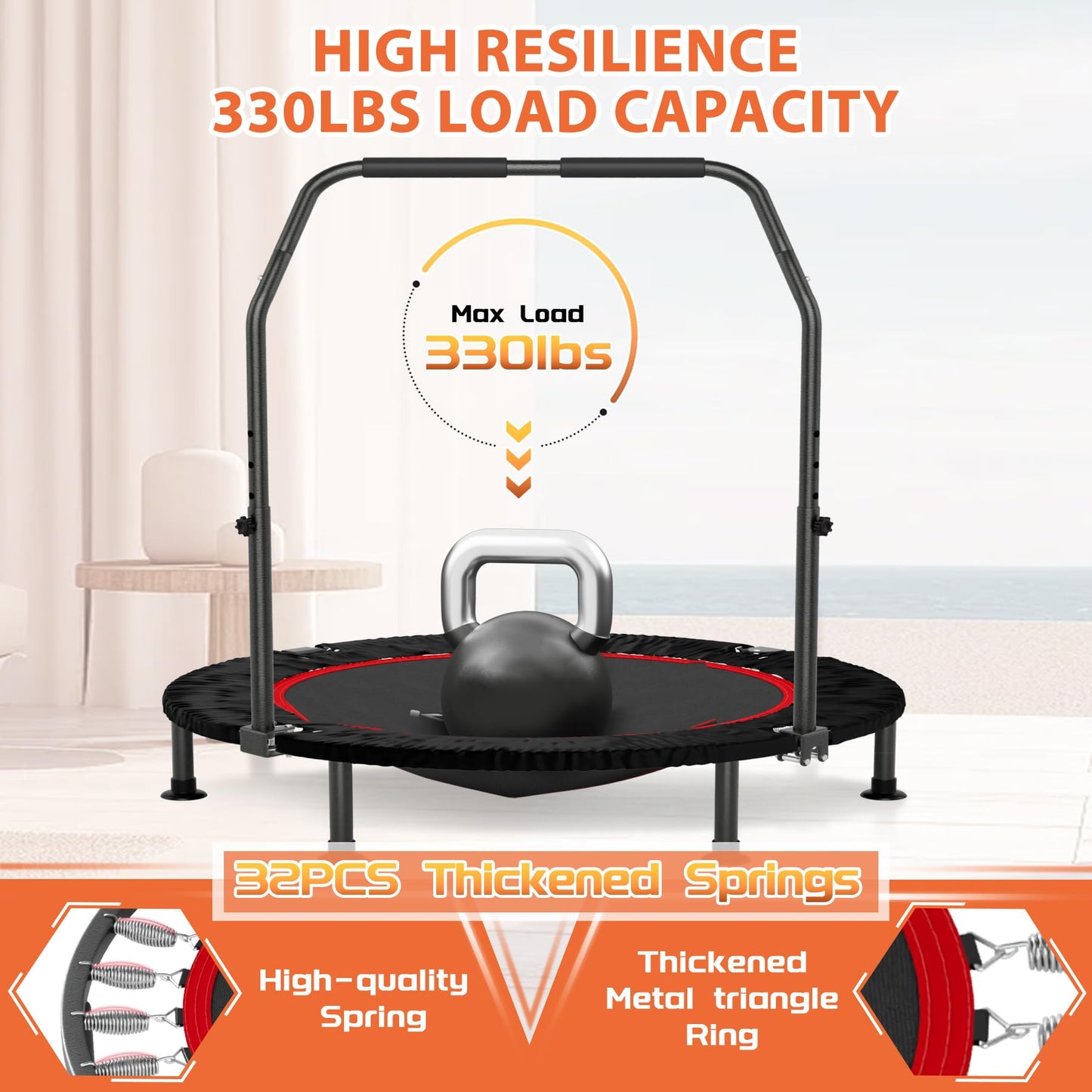 K KENSONE 40” Mini Flodable Spring Rebounder Trampoline for Adults with Adjustable Bar, Small Exercise Trampoline for Indoor Workout and Fitness, Purple Resistance Band Included, Max Load 330 LBS