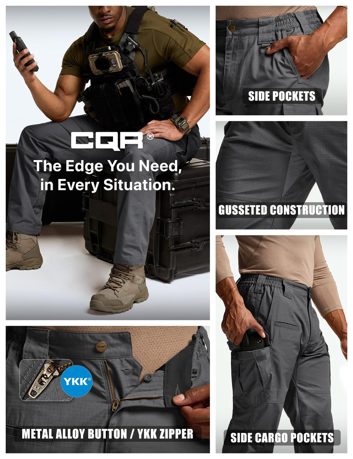 CQR Men's Tactical Pants, Water Resistant Ripstop Cargo Pants, Lightweight EDC Work Hiking Pants, Outdoor Apparel, Raider Mag Pocket Charcoal, 36W x 34L