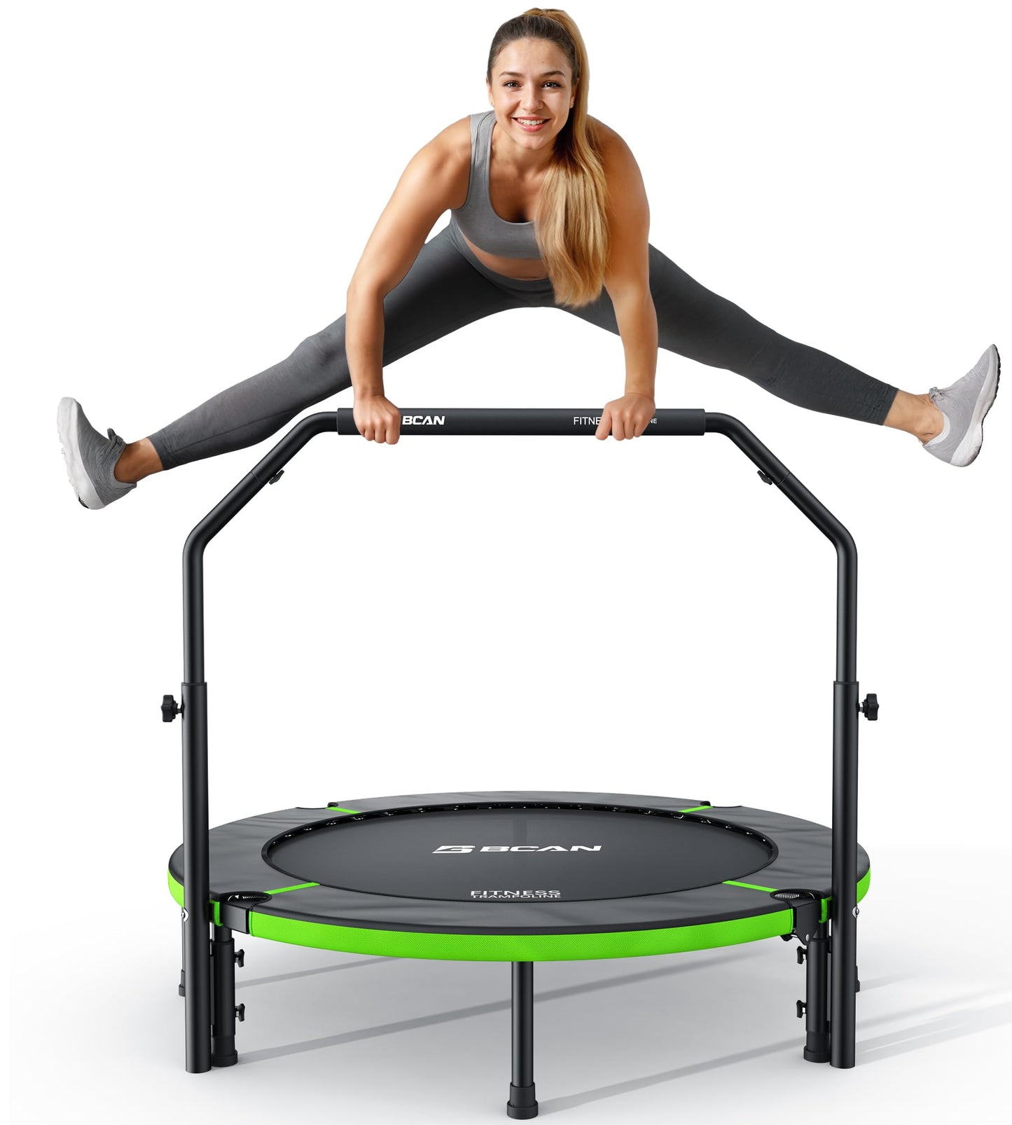 BCAN SP3 40"/48" Foldable Mini Trampoline, Rebounder Trampoline for Adults, U/T Adjustable Foam Handle, Exercise Rebounder for Adults Indoor/Garden Workout, Max Load 330lbs/440lbs-48U-Green