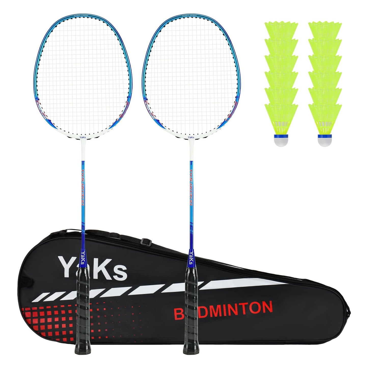 YAKS 3U Professional Carbon Fiber Badminton Racket Set - 2 Rackets Includes 12 Shuttlecocks & Carry Bag, Durable & Lightweight White