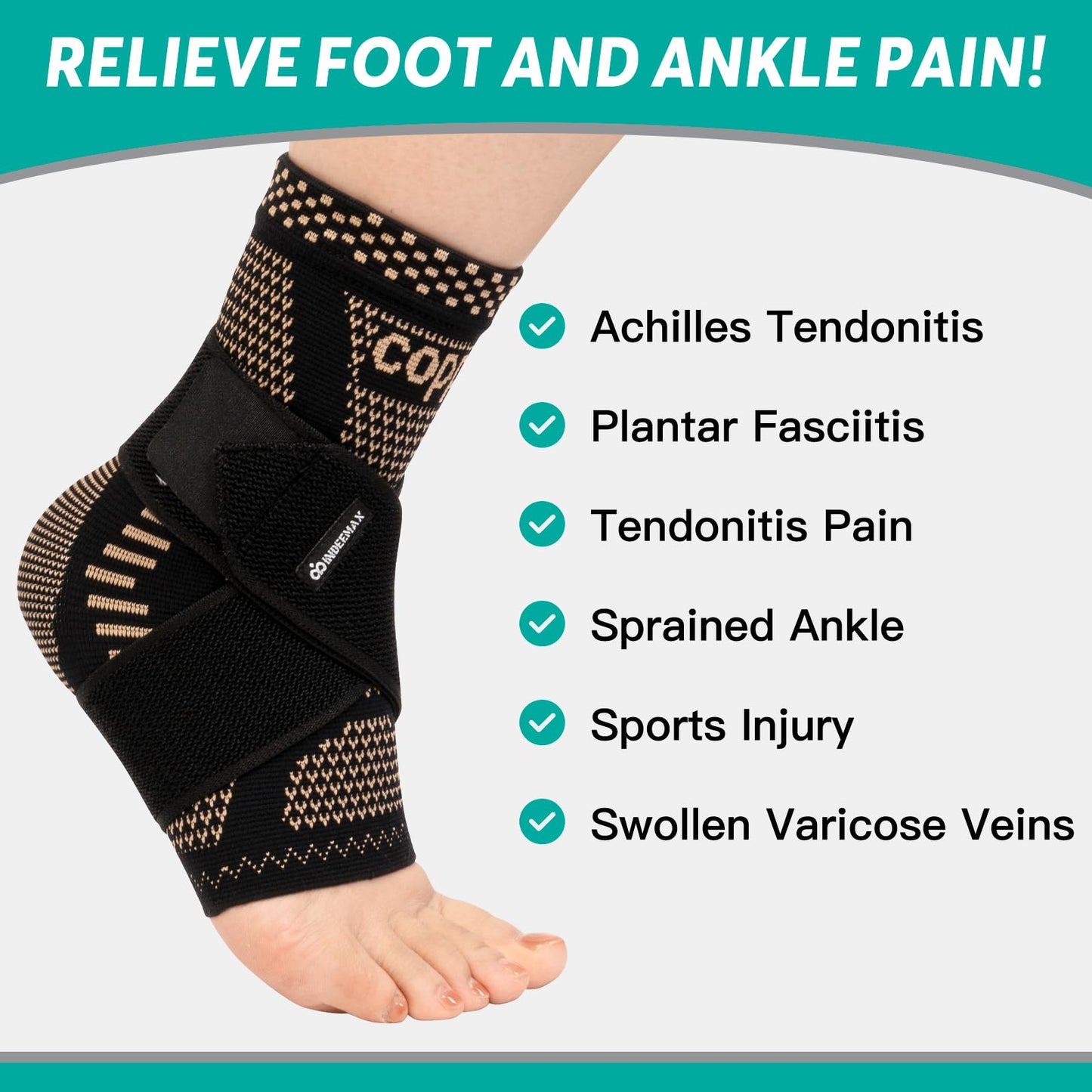 INDEEMAX Ankle Brace for Women & Men, Ankle Compression Sleeve Support Copper Infused Ankle Brace for Sprained Ankle, Plantar Fasciitis Sports, Achilles Tendonitis Pain Relief, Copper Black, S