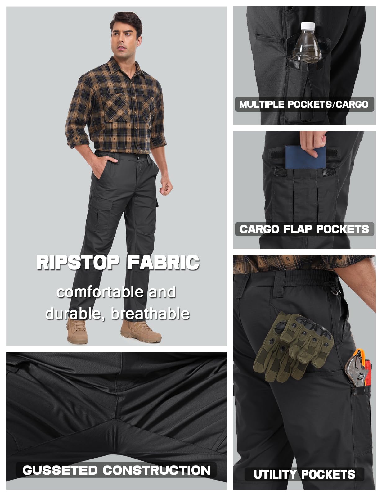 SPOSULEI Mens Cargo Pants Waterproof Ripstop Durable Tactical Work Pants Outdoor Lightweight Utility Hiking Working Construction Pants with 7 Pockets Black 32Wx30L