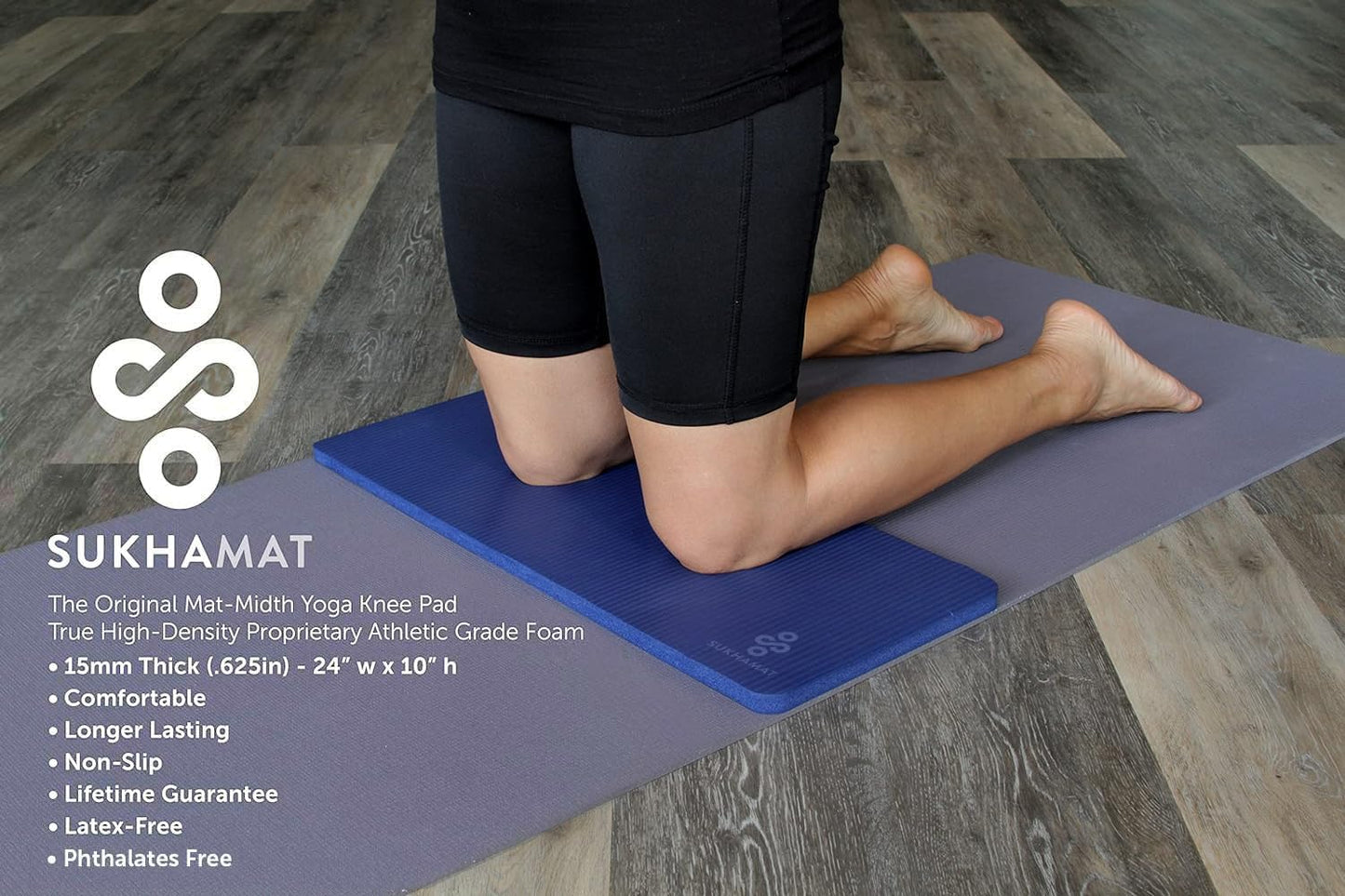 SukhaMat Yoga Knee Pad - NEW! 15mm (5/8") Thick - The best yoga knee pad for a pain free practice. Cushions pressure points. Complements your full-size yoga mat. (Dark Blue)