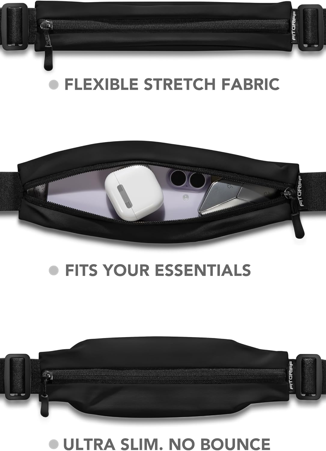 Fitgriff® Running Belt V2 - Slim Fanny Pack & Phone Holder for Jogging | Black, One Size (24.4" - 43.3")