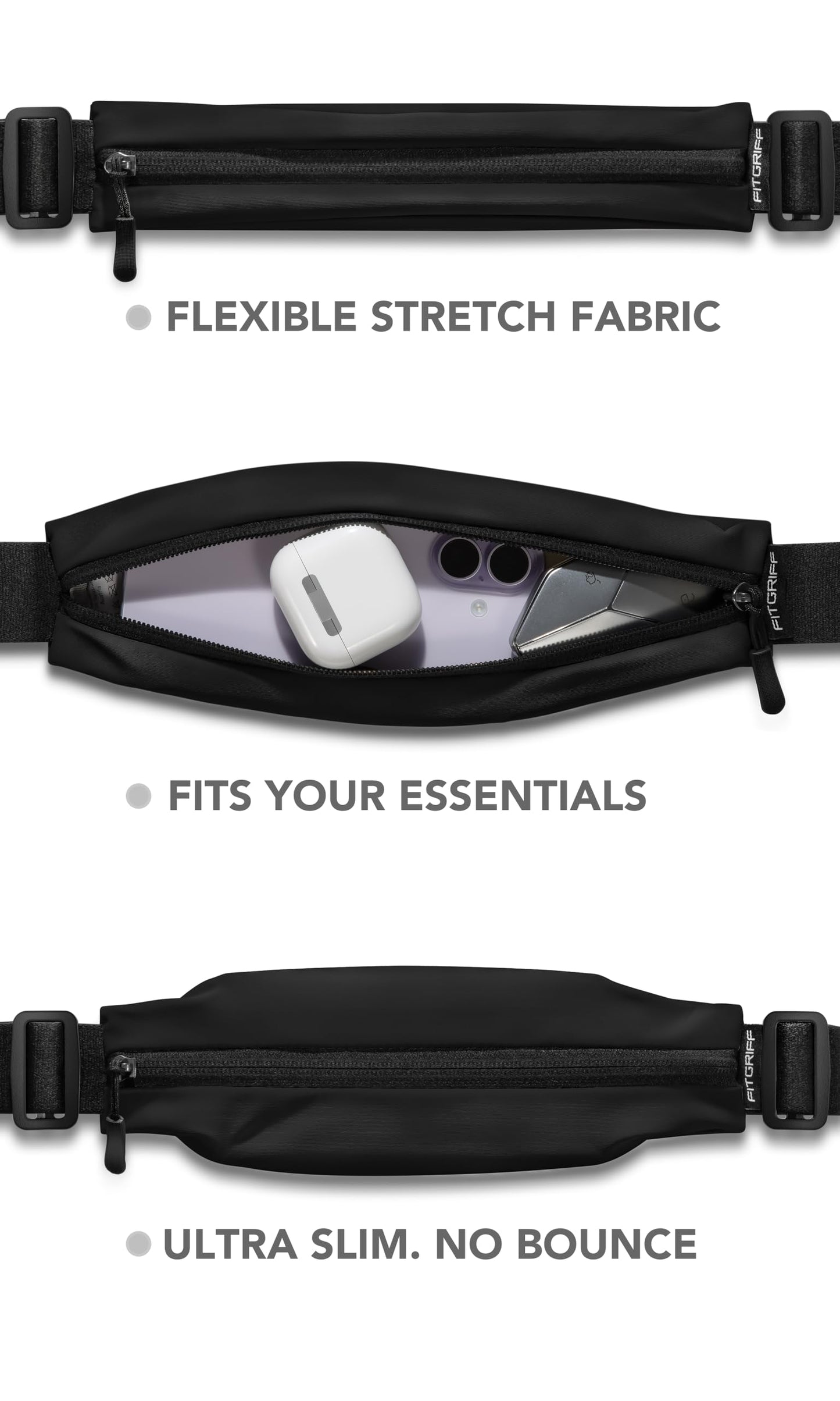 Fitgriff® Running Belt V2 for Men & Women - Slim Fanny Pack, Phone Holder for Jogging, (Fits All Cell Phones) - Money Belt, Runners Waist Pouch (Black, One Size (Waist 24.4 – 43.3 inches))