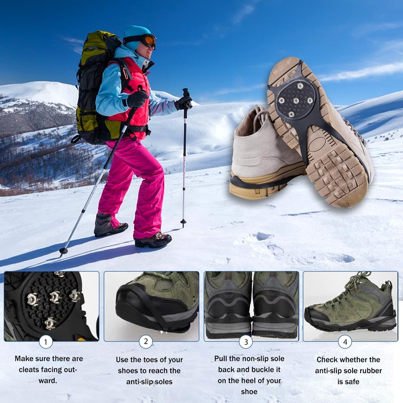 LipLopBest 4 Pairs Non Slip Gripper Spikes for Shoes, Ice Snow Grips Traction Cleats with 5 Steel Studs Crampons - Universal Snow Spikes Microspikes for Hiking Walking Climbing