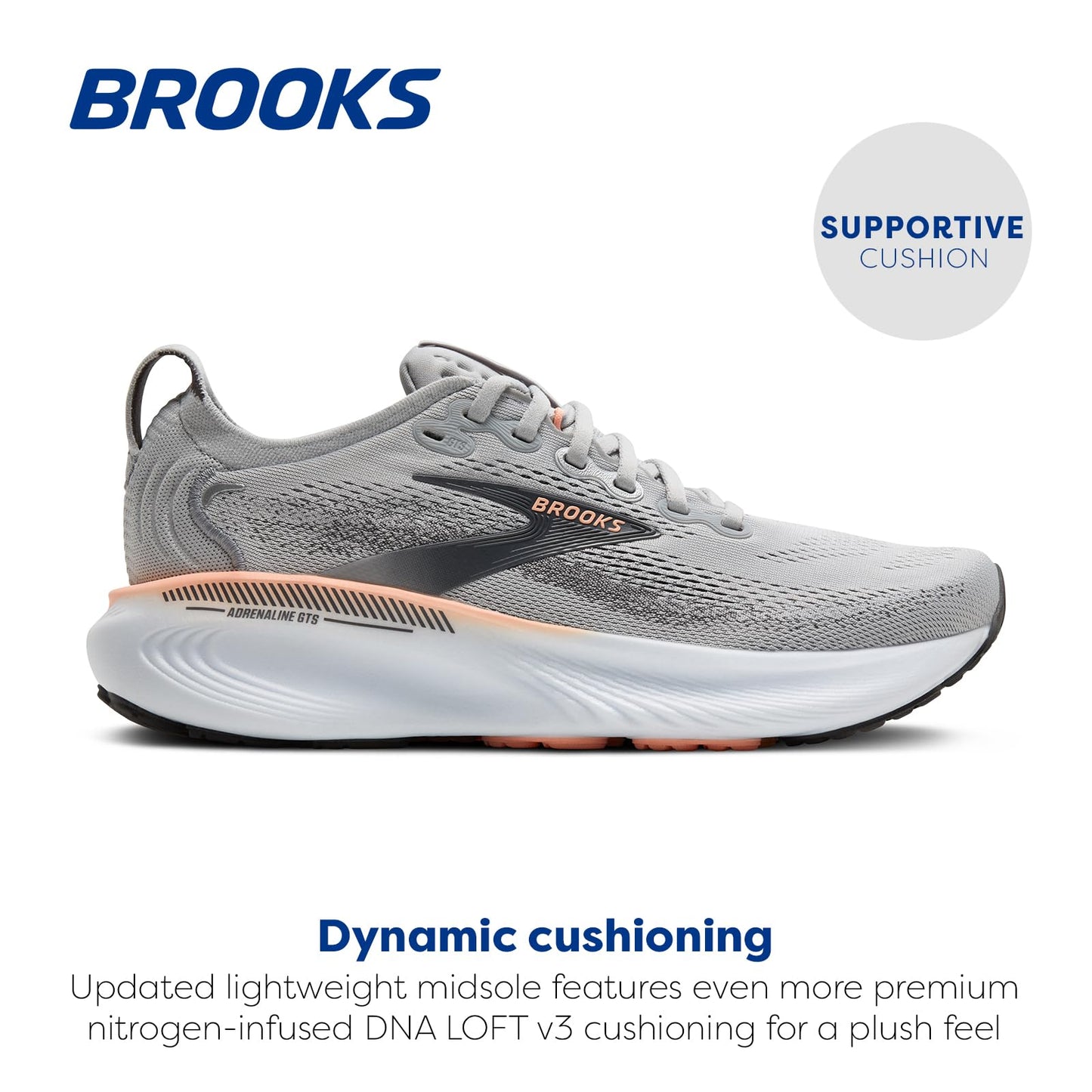 Brooks Women’s Adrenaline GTS 25 Supportive Running & Walking Shoe - Grey/Blackened Pearl/Coral - 7.5 Medium