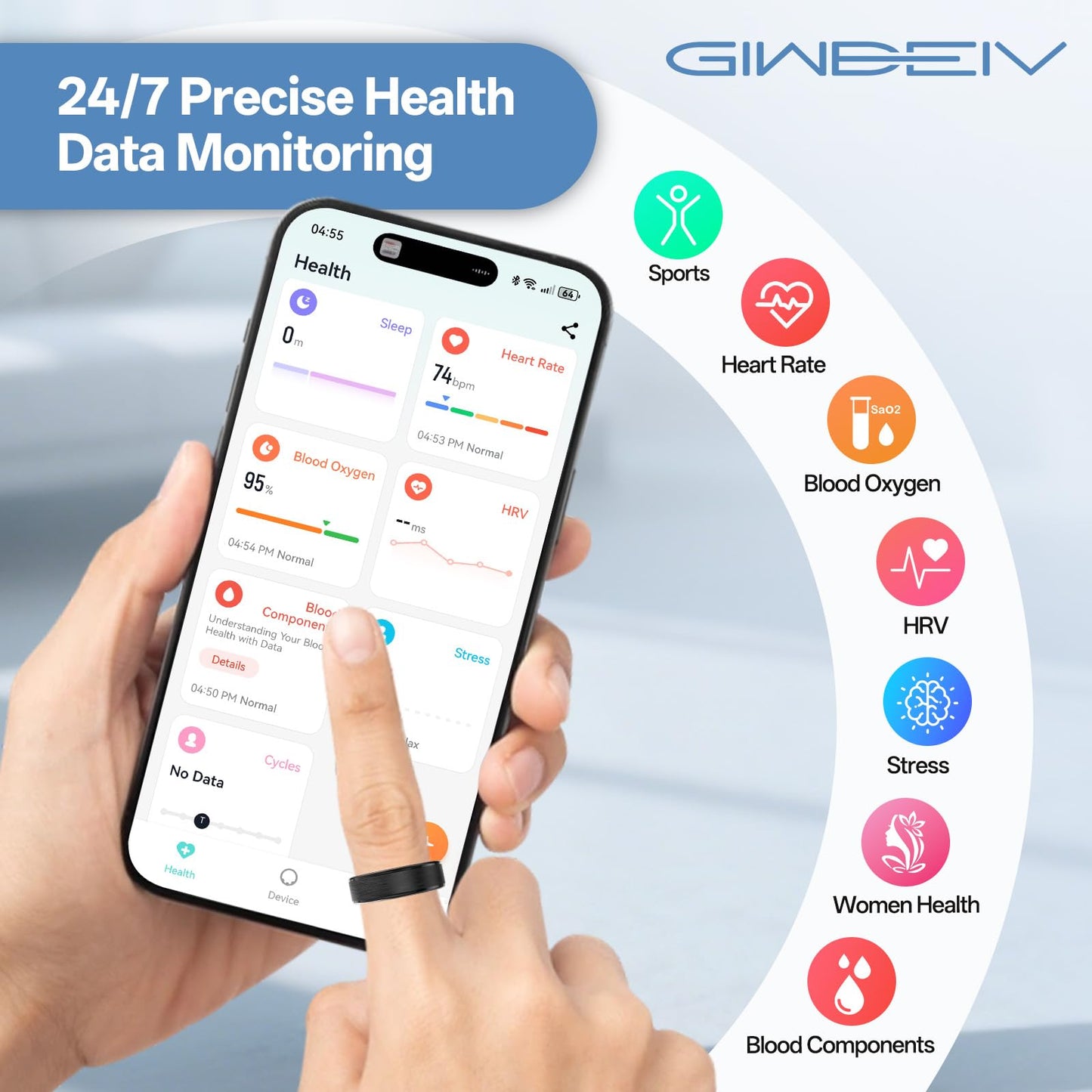 Giwbeiv Smart Ring for Women Men, Health Fitness Tracker Ring with Heart Rate/Sleep Tracker/Blood Oxygen/HRV/Stress/Calorie/Steps, IP68 Waterproof for iOS & Android, No APP Fees(Black,10#)