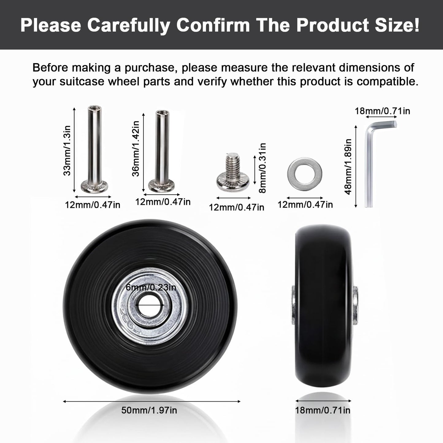 Set of 8 Luggage Suitcase Replacement Wheels, 50 x 18mm Rubber Swivel Caster Wheels Bearings Repair Kits, Wear-Resistant Mute Wheel Replacement Kit for Luggage Bags Travel Trolley Case