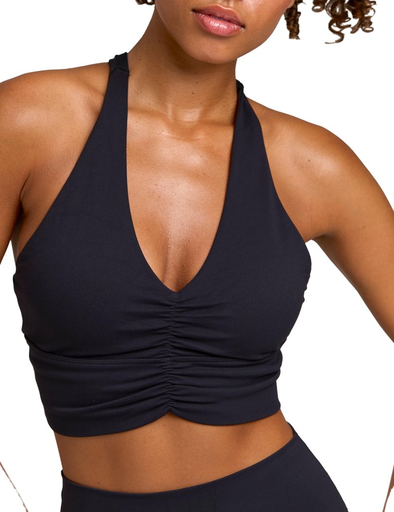 Awwena Women's Serene Scrunch Longline Sports Bra V Neck Padded Yoga Tank Wide Straps Cross Back Crop Tops Black Medium