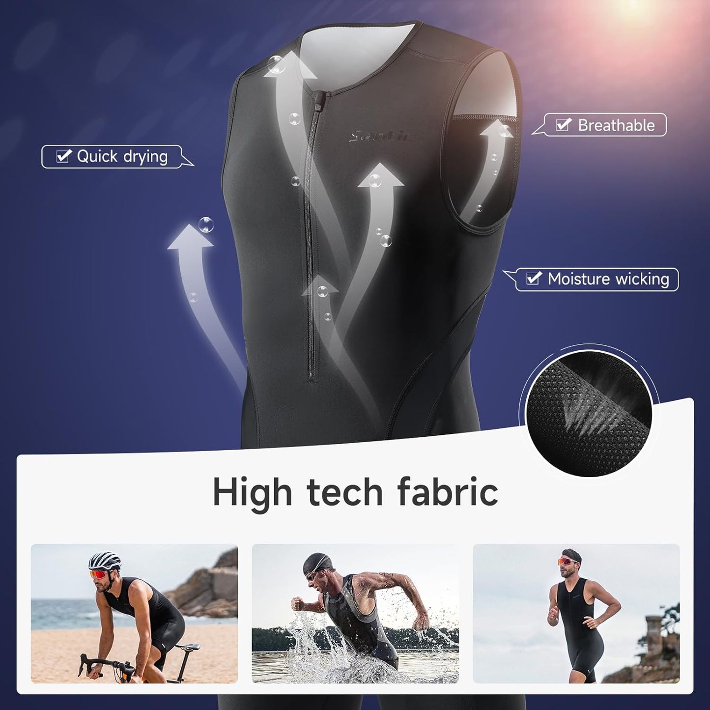 Santic Men's Triathlon Suit - Sleeveless Padded Skinsuit for Quick-Dry Swim, Bike & Run | With Pockets