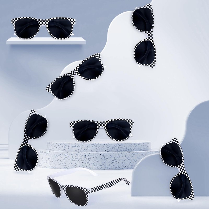 PLUVAVA 10 Pieces Race Car Sunglasses Plastic Black White Checker Sunglasses for Racing Theme Checkered Party Favors Summer Pool Beach (10 PCS)