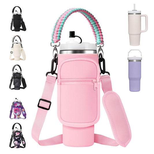 Sleeve Bag with Strap for Stanley 30 oz Tumbler with Handle & Simple Modern 30oz Travel Coffee Mug - Water Bottle Sling Holder for Stanley Cup Accessories with Paracord Handle & Straw Cover-Pink