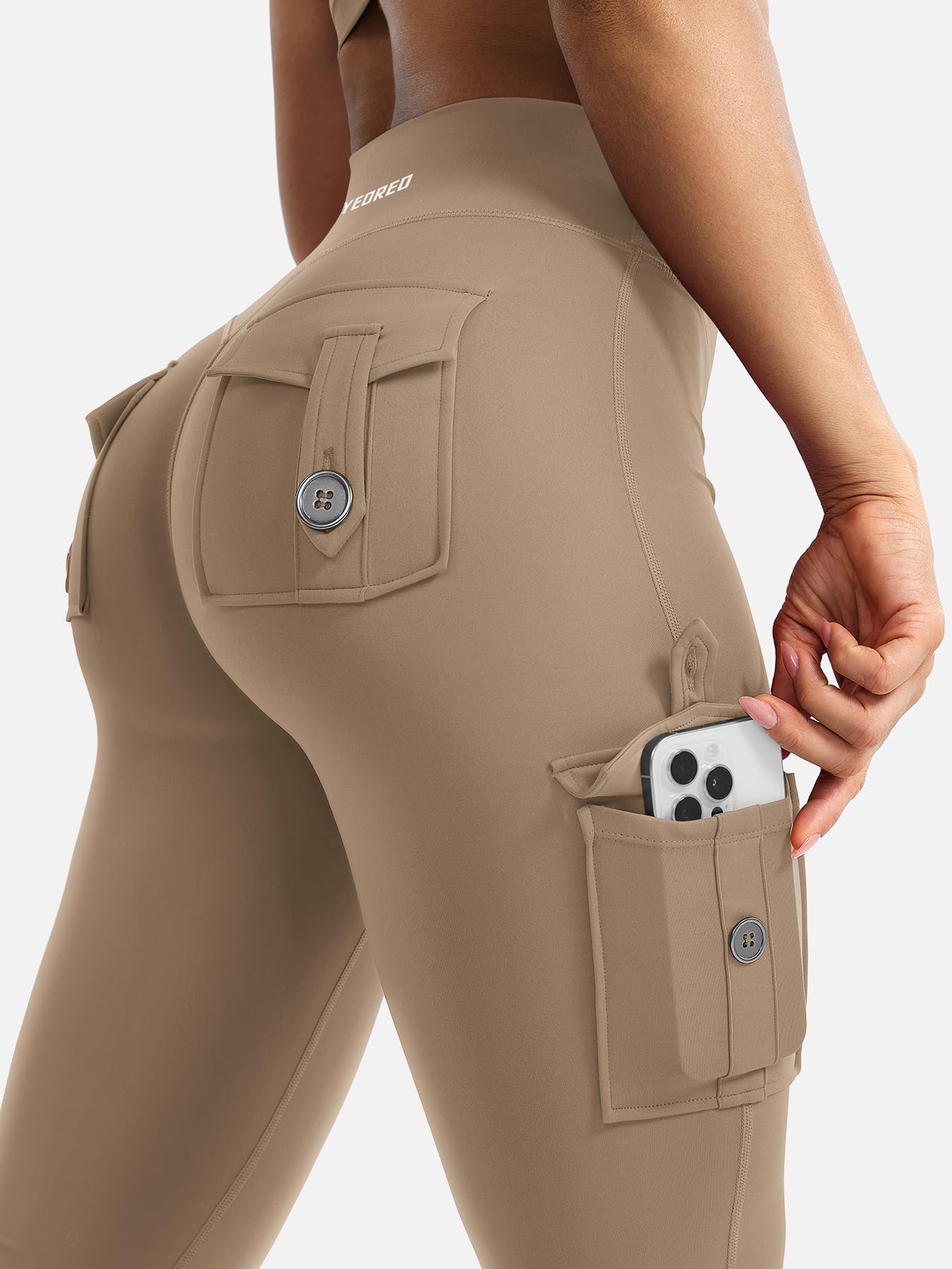YEOREO CoreFlex Women Workout Flare Leggings with Pockets Hidden Scrunch High Waisted Cargo Gym Yoga Leggings Light Brown XL