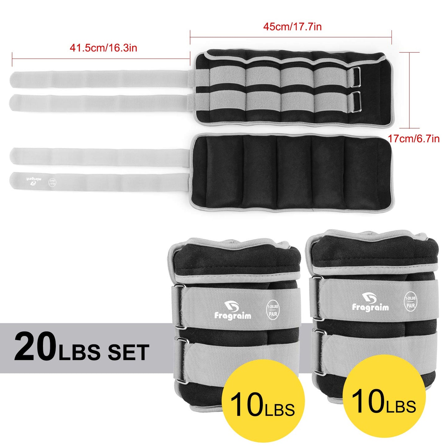 Adjustable Ankle Weights 1-20 LBS Pair with Removable Weight for Jogging, Gymnastics, Aerobics, Physical Therapy, Resistance Training|Each 2-10 lbs, Total 20LBS, Light Grey