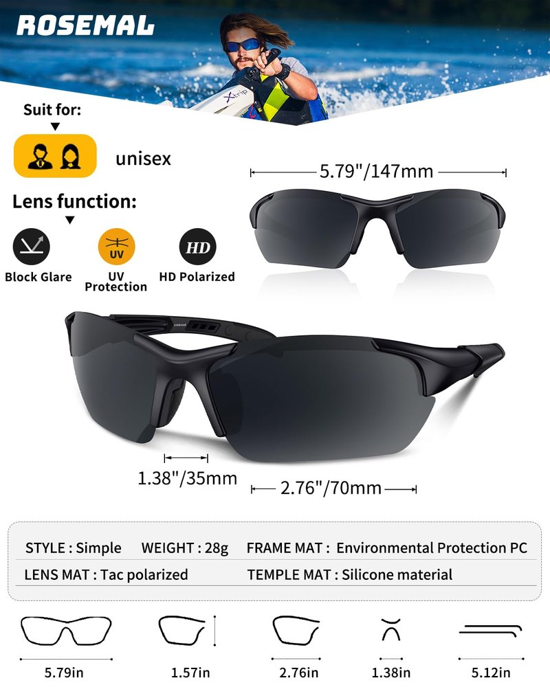 Rosemal Polarized Sunglasses for Men Women, Sport Sunglasses, UV400 Protection, Anti-Slip/Anti-Fog for Running, Cycling, Fishing