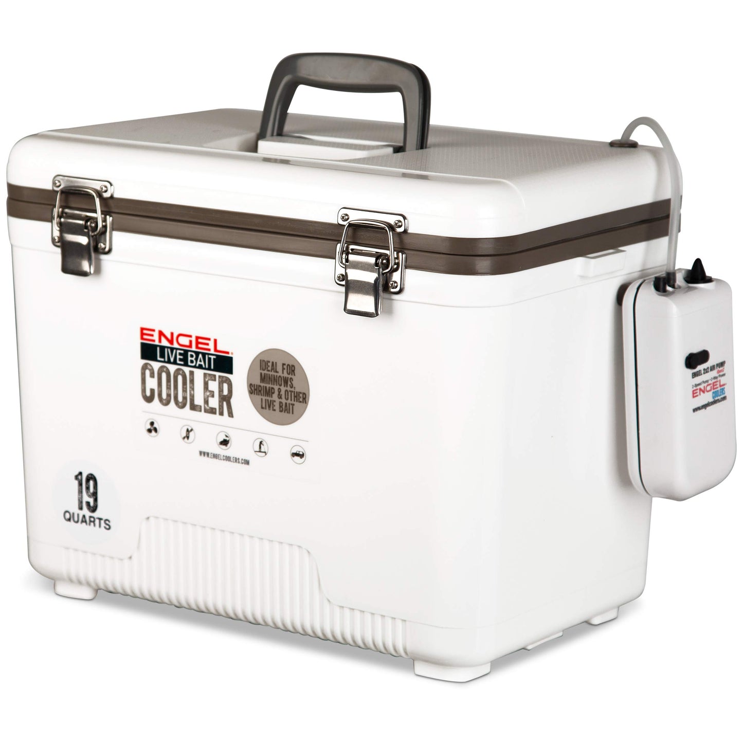Engel 19qt Live Bait Cooler Box with 2nd Gen 2-Speed Aerator Pump - Portable Fishing Station & Minnow Bucket for Shrimp & Other Live Fish with Aerator - ENGLBC19-N-G in White