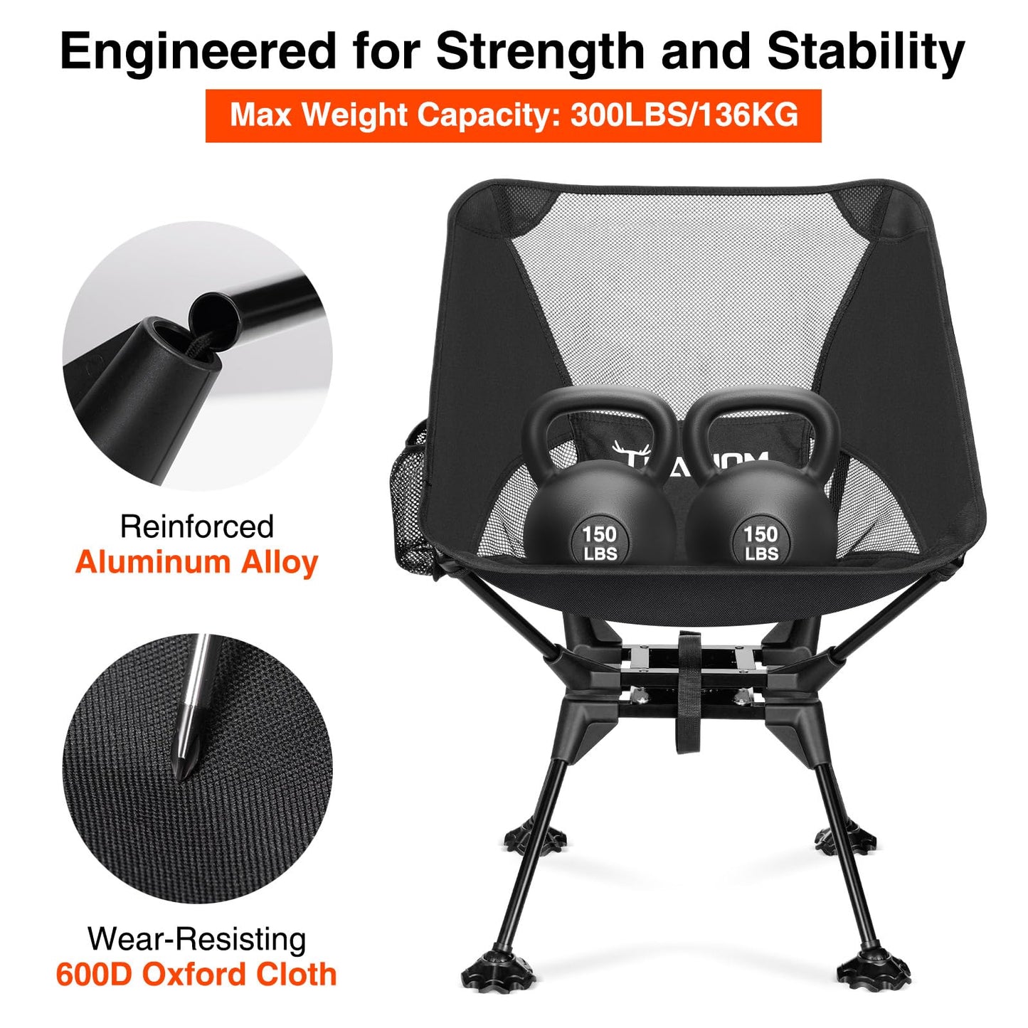 Trakiom 360° Swivel Folding Camping Chairs, Compact and Portable Chair for Outdoor Camp, Foldable Chairs with Anti-Sinking Large Feet for Travel, Beach, Picnic, Sports, Fishing Support 300 LBS(Black)