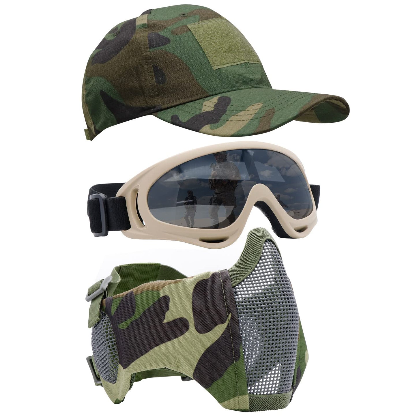 Airsoft Half Face Mask with Goggles Hat Set Tactical Masks Full Face Paintball Mask Ear Protective Baseball Cap for CS Halloween and Game (5)