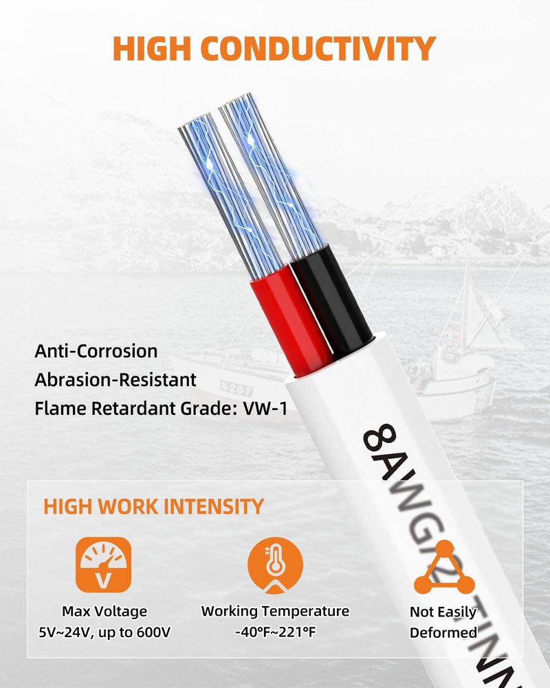 CONEPY 8 Gauge Marine Wire, 8/2 Duplex Marine Grade Cable, IP68 Waterproof/Oxygen-Free Tinned Copper Stranded PVC 8 AWG Wire for Boat, Automotive, RV, Solar, LED Strips (15FT)