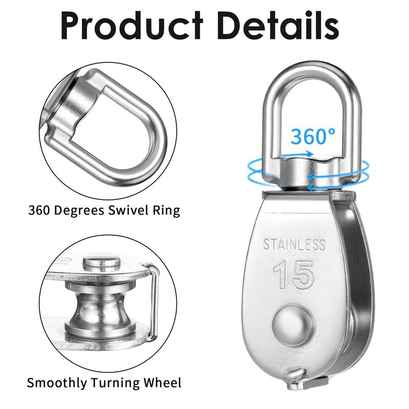 12 Pack M15 Pulleys for Rope, 304 Stainless Steel Wire Rope Cable Pulley, Heavy Duty Swivel Pulley Wheel Hanging Wire Towing Wheel for Lifting