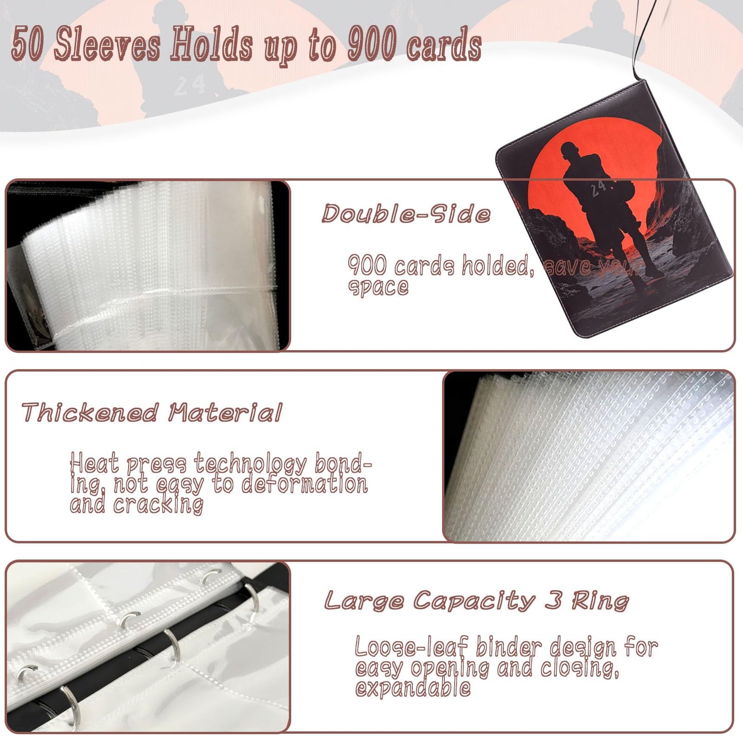 Basketball Card Binder - 900 Capacity 9-Pocket Trading Card Album, 3 Ring Card Holder Binder, Waterproof PU Leather, Zip Closure, Perfect Christmas Birthday Gift for Collectors