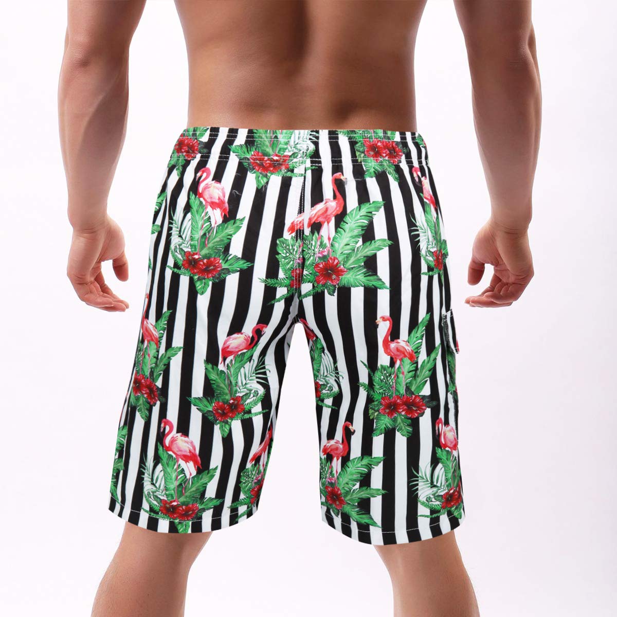 Mens Funny Swim Trunks Quick Dry Novelty Tropical Swim Shorts with Mesh Lining Colorful Swimwear Lightweight Bathing Suits Black White Stripe XL, Tropical Leaf Flamingo