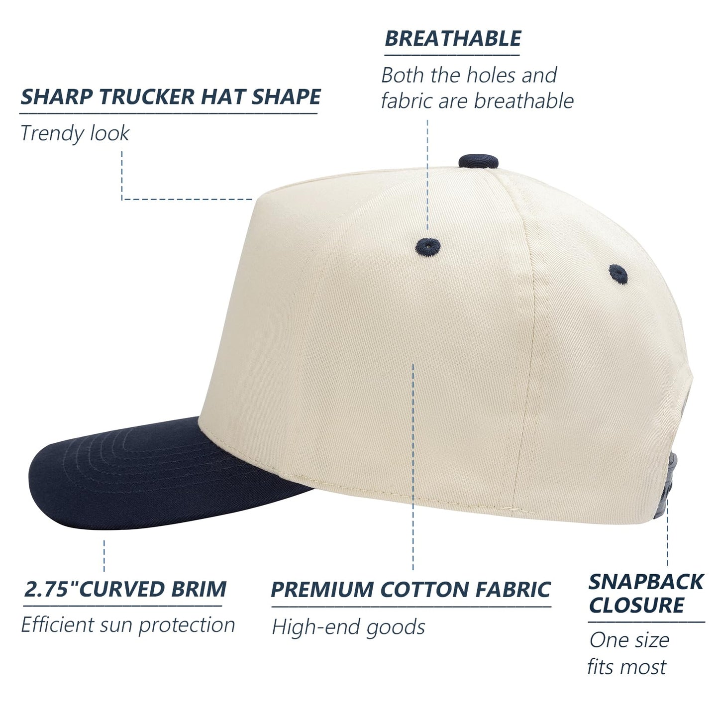 MEINICY Vintage Trendy Trucker Hat, Structured 5-Panel Snapback Hat, Adjustable Cotton Solid or 2-Tone Baseball Cap Men Women