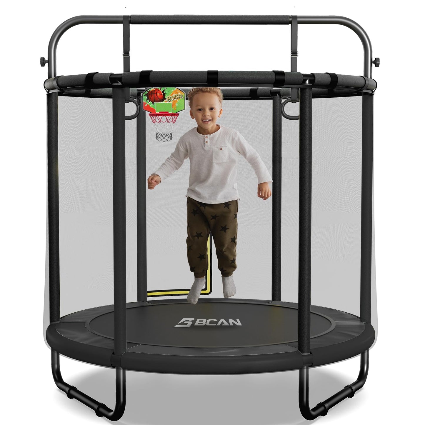 BCAN 55" Trampoline for Kids with Thickened Enclosure Net, Toddler Trampoline Indoor/Outdoor with Adjustable Gymnastics Bars & Basketball Hoop,Gifts for Boys & Girls Ages 1 to 8