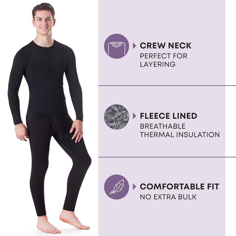 Rocky Thermal Underwear Men Long Johns Men Thermal Underwear Thermals Mens Base Layer Mens Thermals Top and Bottom Set (Black, Large, Standard Weight - 185 GSM, One Pack)