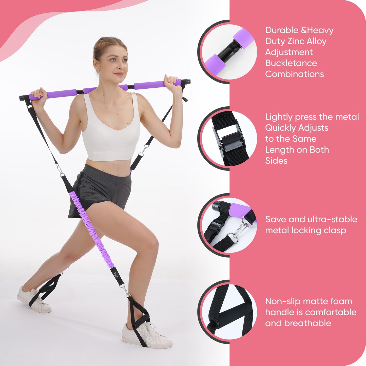 TADAKAZU Pilates Bar Kit with Resistance Bands, Exercise Fitness Equipment for Women & Men, Home Gym Workouts，Portable Pilates Bar Kit Resistance Bands for Women Full Body Workouts,Purple