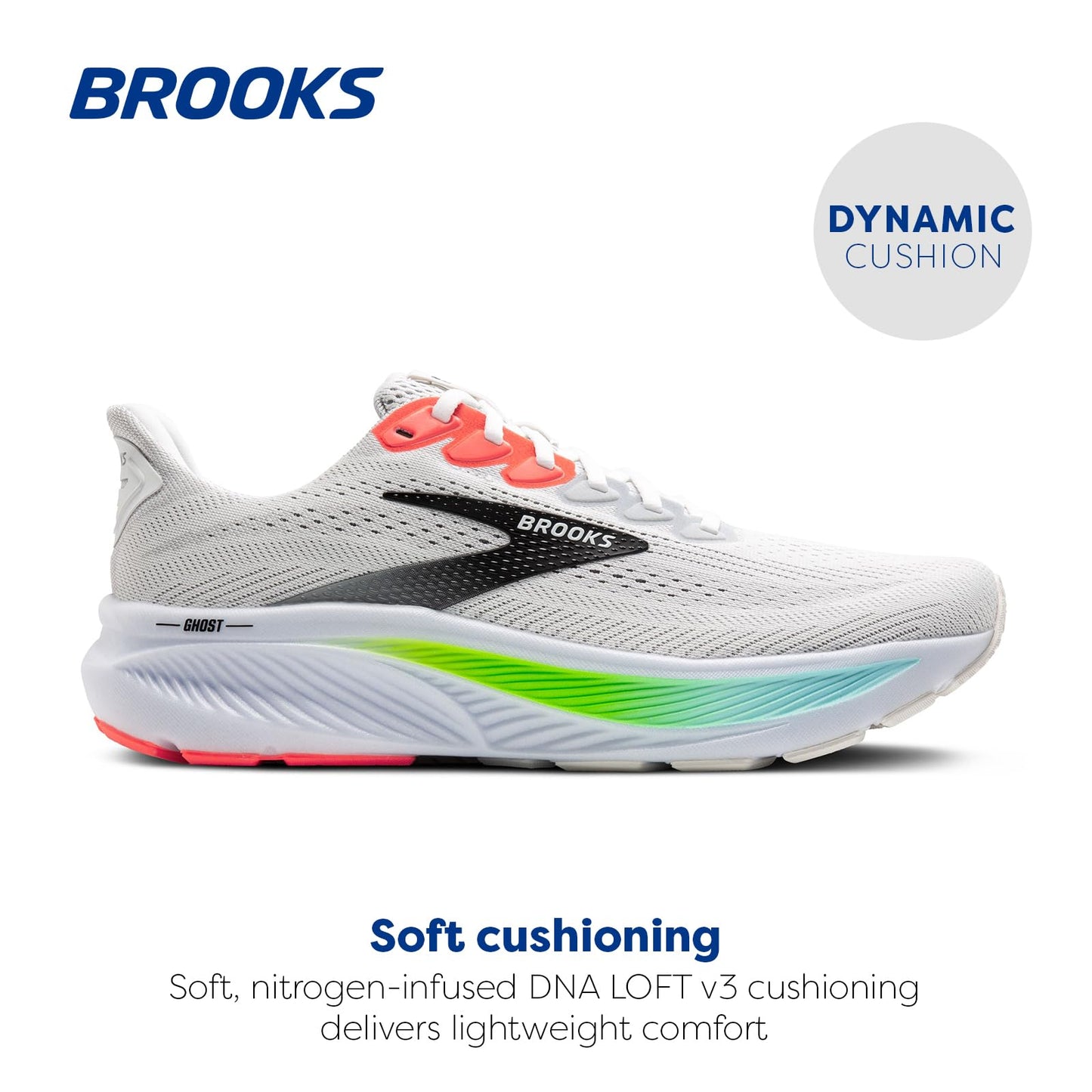Brooks Men’s Ghost 17 Neutral Running Shoe - White/Pink Clay/Gecko - 11 Wide