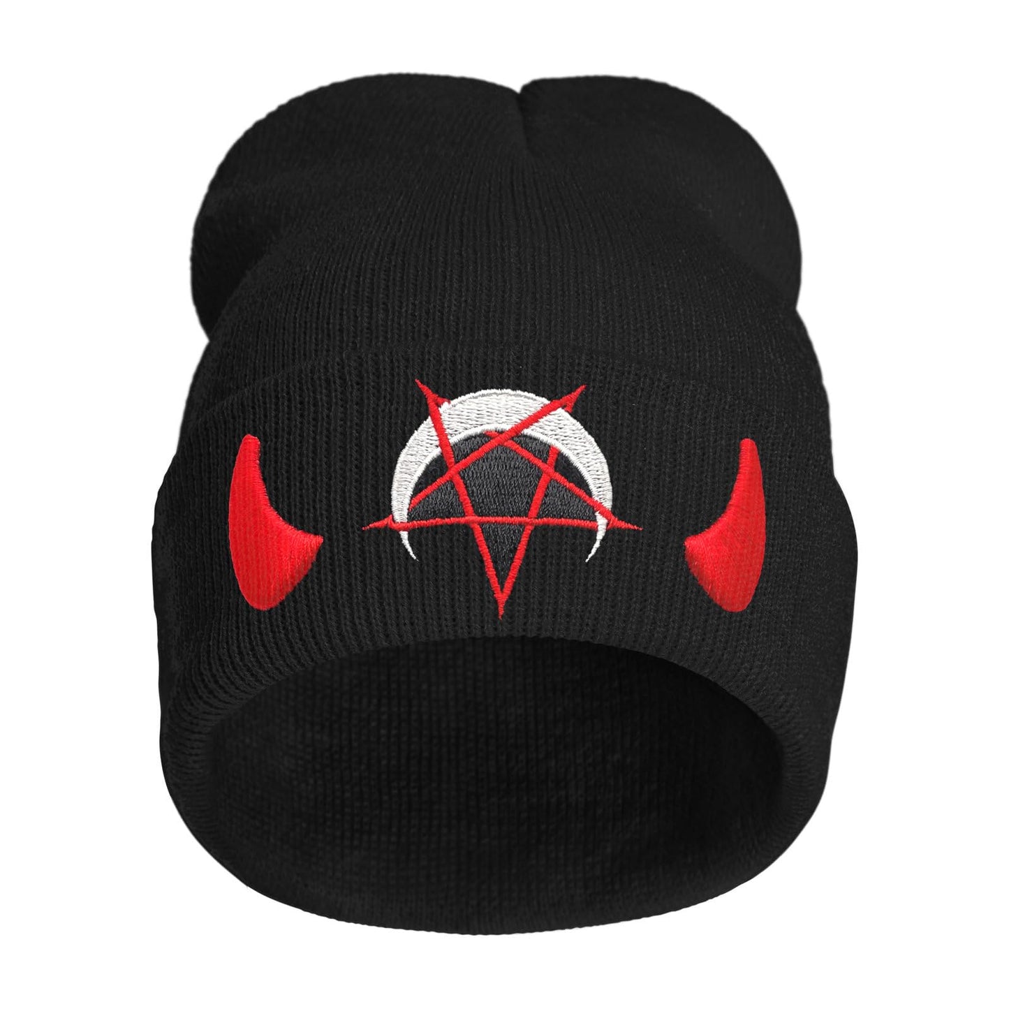 Goth Spooky Horror Demon Devil Horned Embroidery Beanie Black Knit Hat for Men Women, Casual Skull Knit Cap