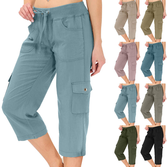 Cargo Capris for Women Casual Drawstring Capris Pants with Pockets Elastic Waist Wide Leg Cropped Pants Outdoor Travel Summer Pants Baggy Cargo Pants Plus Size Hiking Pants for Camping Golf