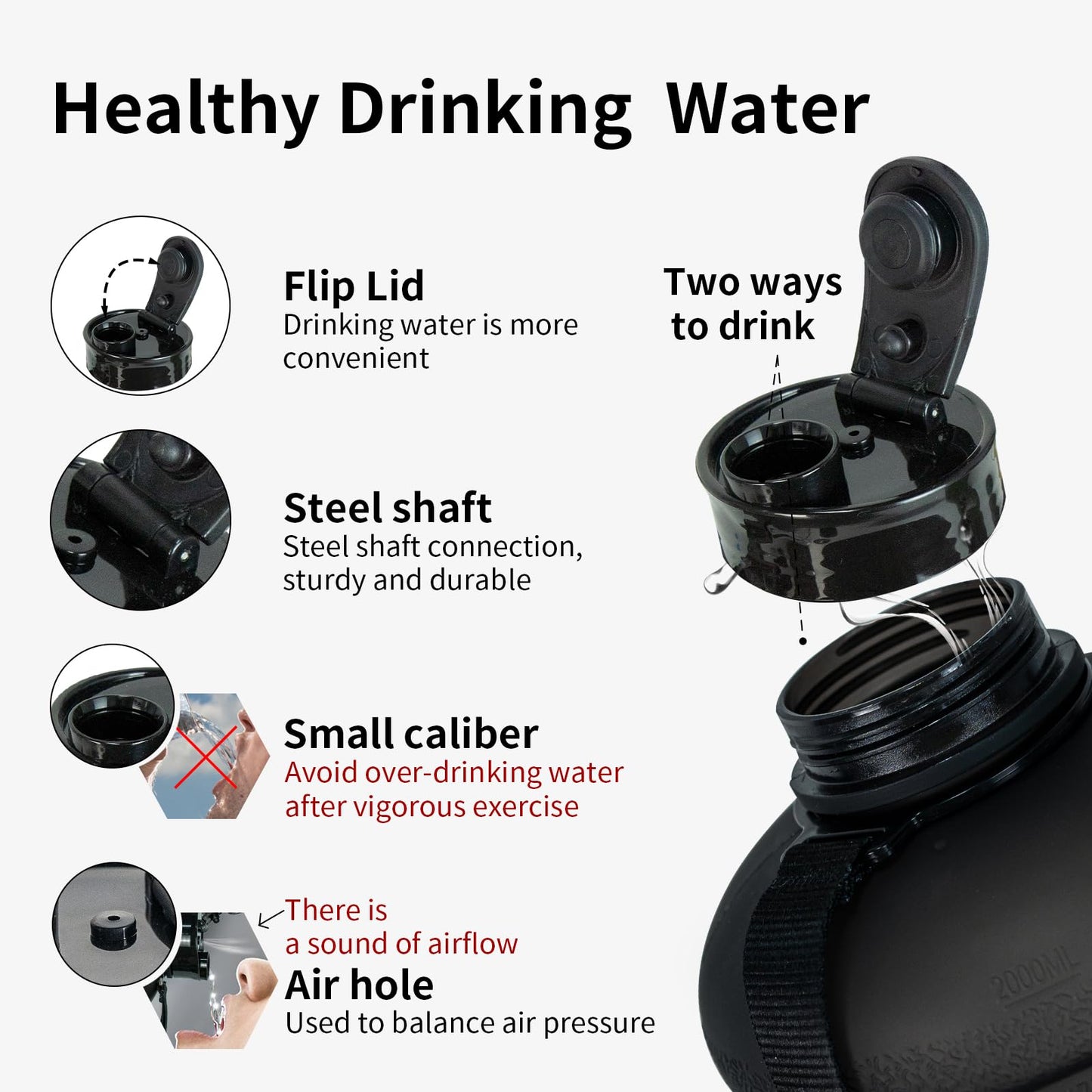 TOOFEEL 2.2 Liter Gym Water Bottle - 100% Leak Proof Big Sports Water Bottle Larger than 74 oz Water Bottle with Visible Volume for Drinking (74oz Transparent Matte Black)