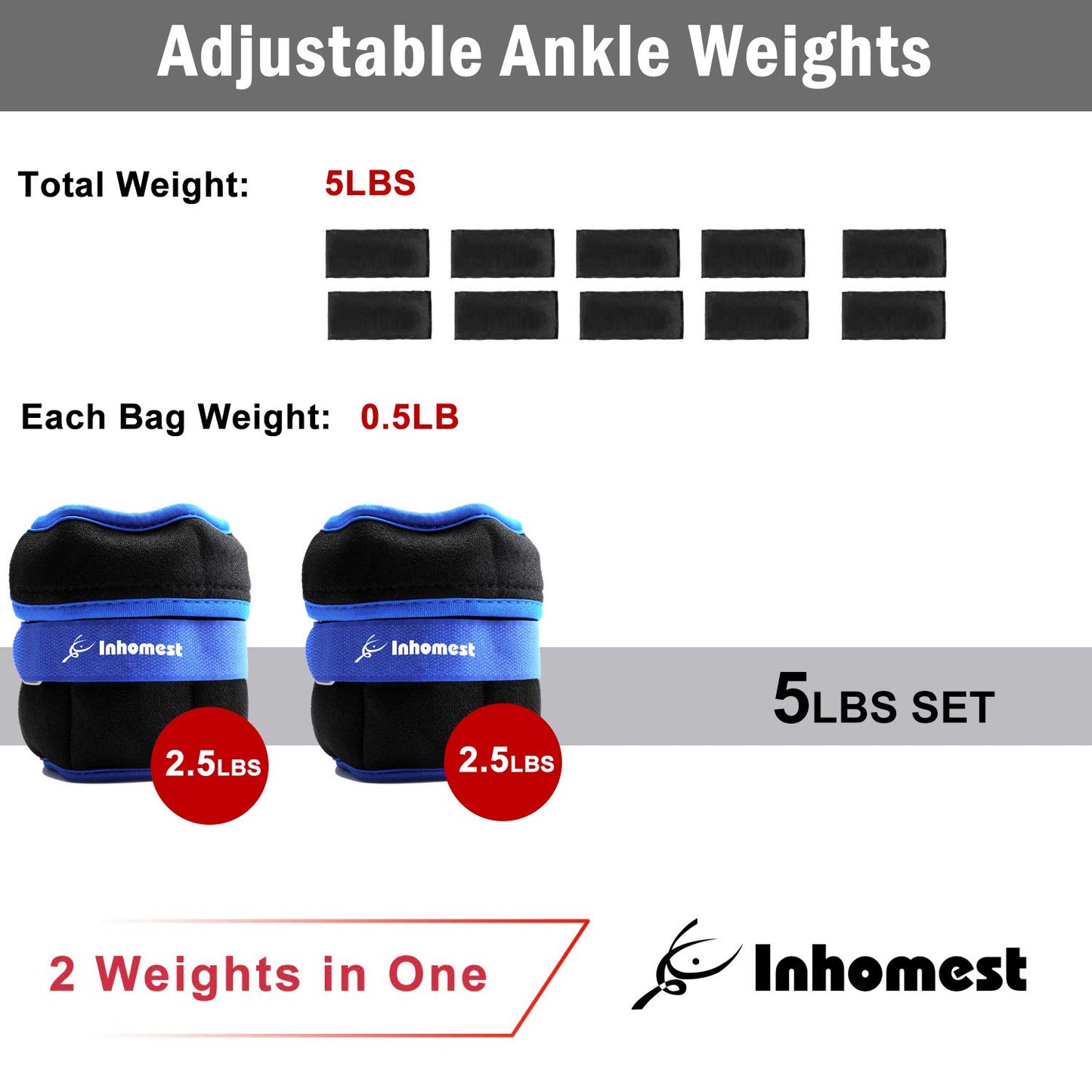 Inhomest Adjustable Ankle Weights 1-5Lbs Leg Weights for Men Women,Wrist Ankle Weights for Physical Therapy,Yoga Pilates,Workout,Walking,Jogging,Each Pack 0.5-2.5 lbs, Total 5LBS Pair, Blue