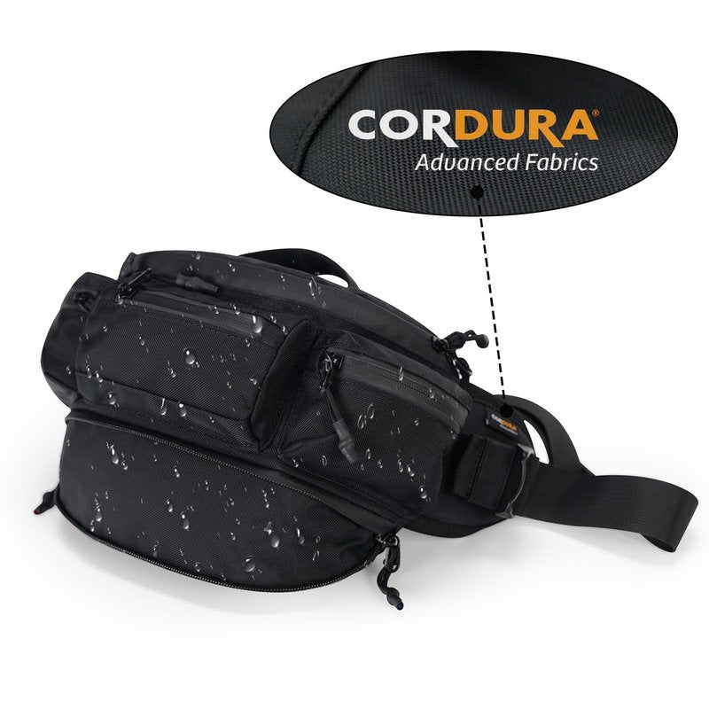 reeyee N10 Utility Cycling Waist Pack, 6.5L Expandable Motorcycle Hip Bag, 840D CORDURA Water-Resistant Sling Bag with Quick-Release Magnetic Buckle & Reflective Zipper for Hiking, Commuting - Black