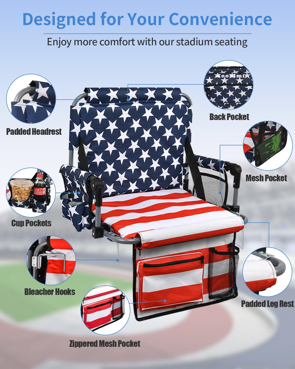 AOOXIMI Stadium Seats for Bleachers with Back Support, Bleacher Seats with Backs and Cushion Wide, Stadium Chairs with Cup Holders, Mesh Bags and Hide Hooks, Basketball Football Bench Seats (1, Flag)