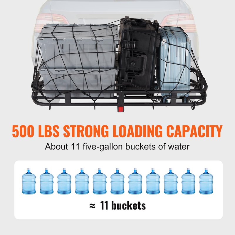 VEVOR 53 x 19 5 in Hitch Cargo Carrier, 500lb Capacity Trailer Mount Basket, Steel Luggage Carrier Rack Fits 2'' Receiver for SUV Truck Pickup with Net, Stabilizer, Straps, Black