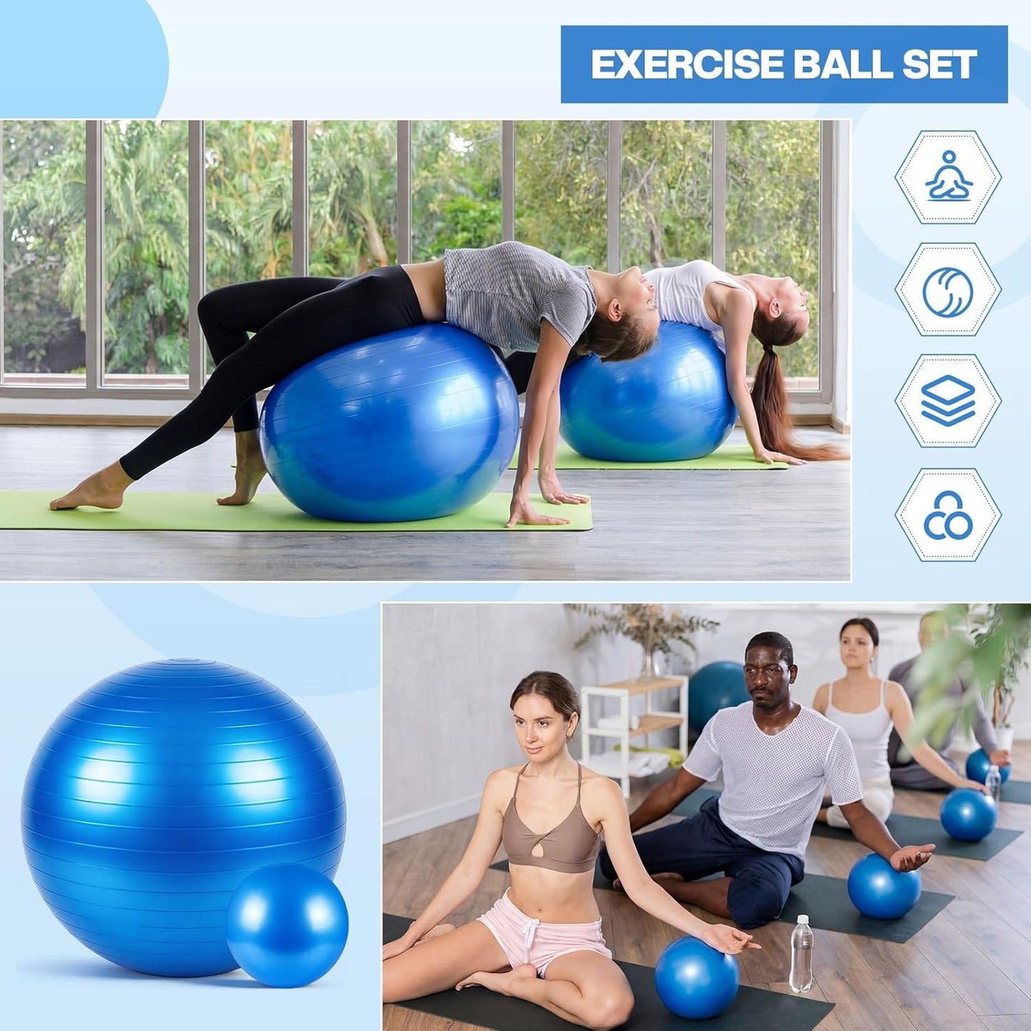 Exercise Ball Set - Yoga & Pilates Stability Balls for Pregnancy | Anti-Burst 23-26 Inch & 9 Inch with Foot Pump for Home, Office & Gym
