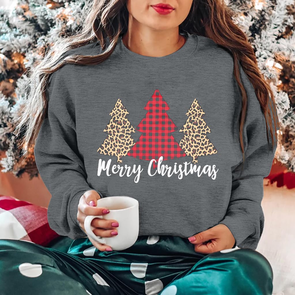 LUKYCILD Christmas Trees Sweatshirt Women Plaid Leopard Graphic Long Sleeve Pulllover Tops