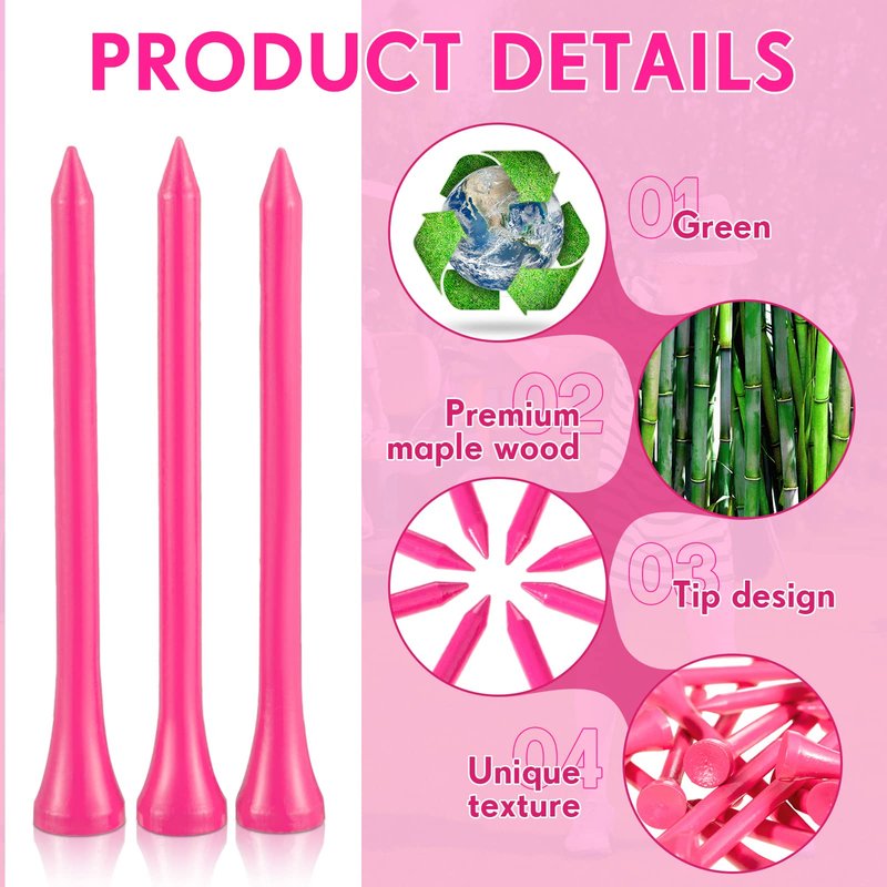Jenaai 200 Pcs Golf Tees Bamboo Golf Tees Professional Golf Tees Bulk for Women Golf Club Accessories(2-3/4 Inch,Pink)