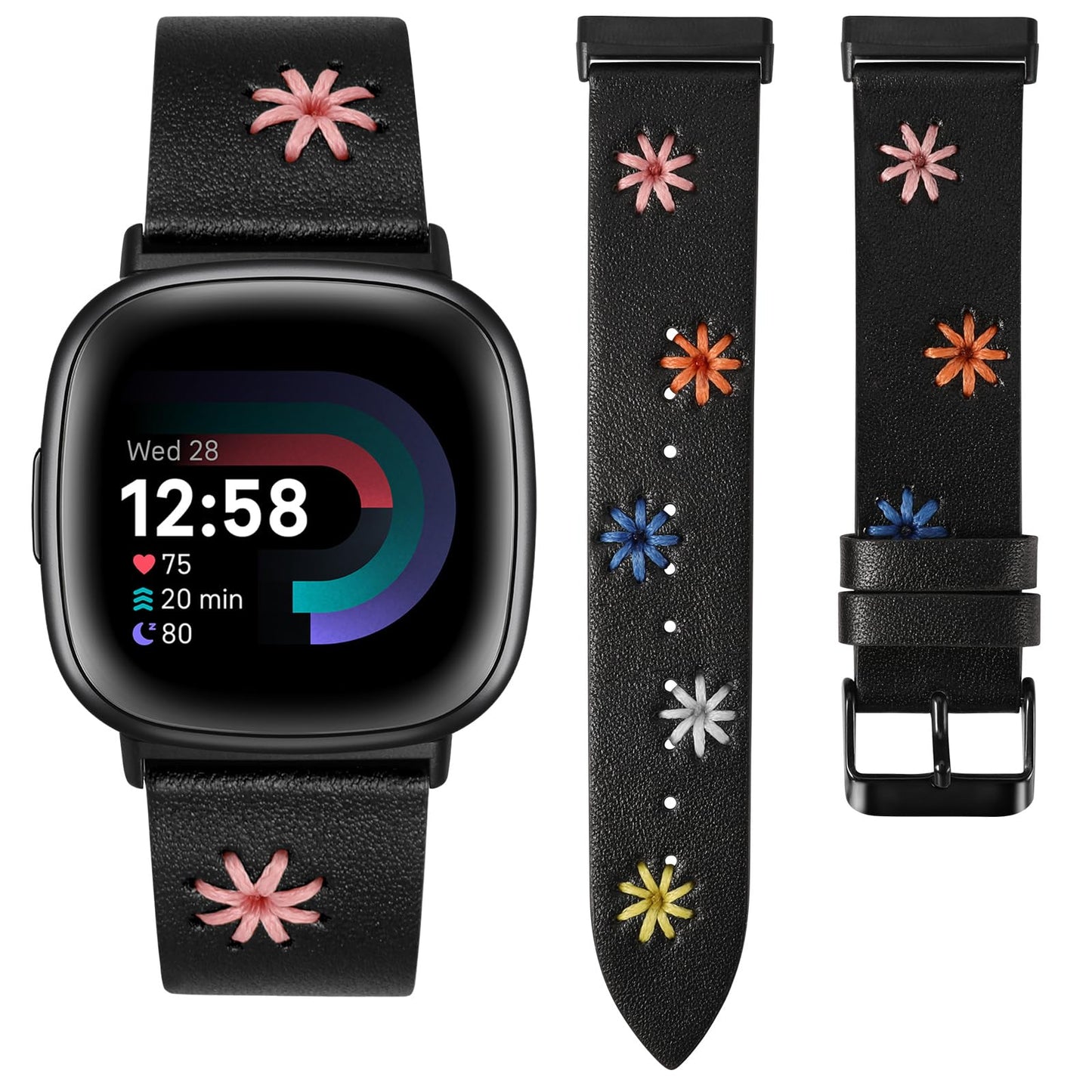 Wearlizer Leather Band Compatible with Fitbit Versa 4/Versa 3/Sense 2/Sense Band Women, Boho Cute Colorful Daisy Floral Handmade Stitched Fancy Stylish Strap Black/Black