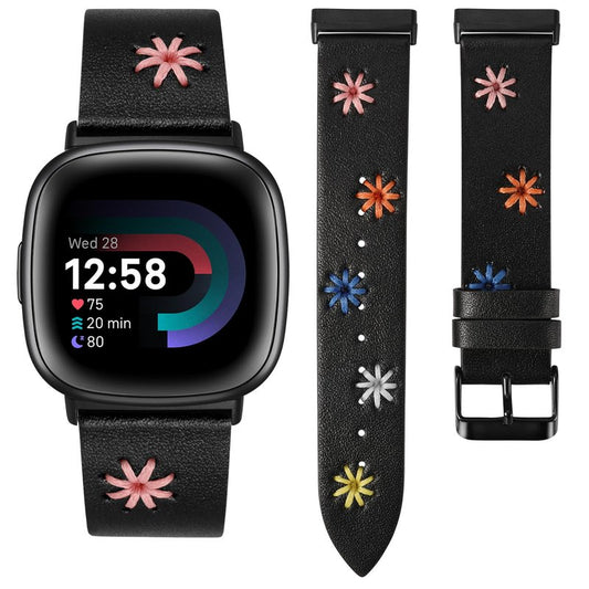 Wearlizer Leather Band Compatible with Fitbit Versa 4/Versa 3/Sense 2/Sense Band Women, Boho Cute Colorful Daisy Floral Handmade Stitched Fancy Stylish Strap Black/Black