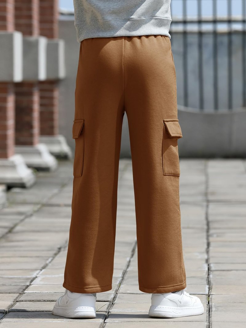 Haloumoning Boys Fleece Cargo Sweatpants Kids Athletic Wide Leg Joggers with Open Bottom and Drawstring & Pockets Brown