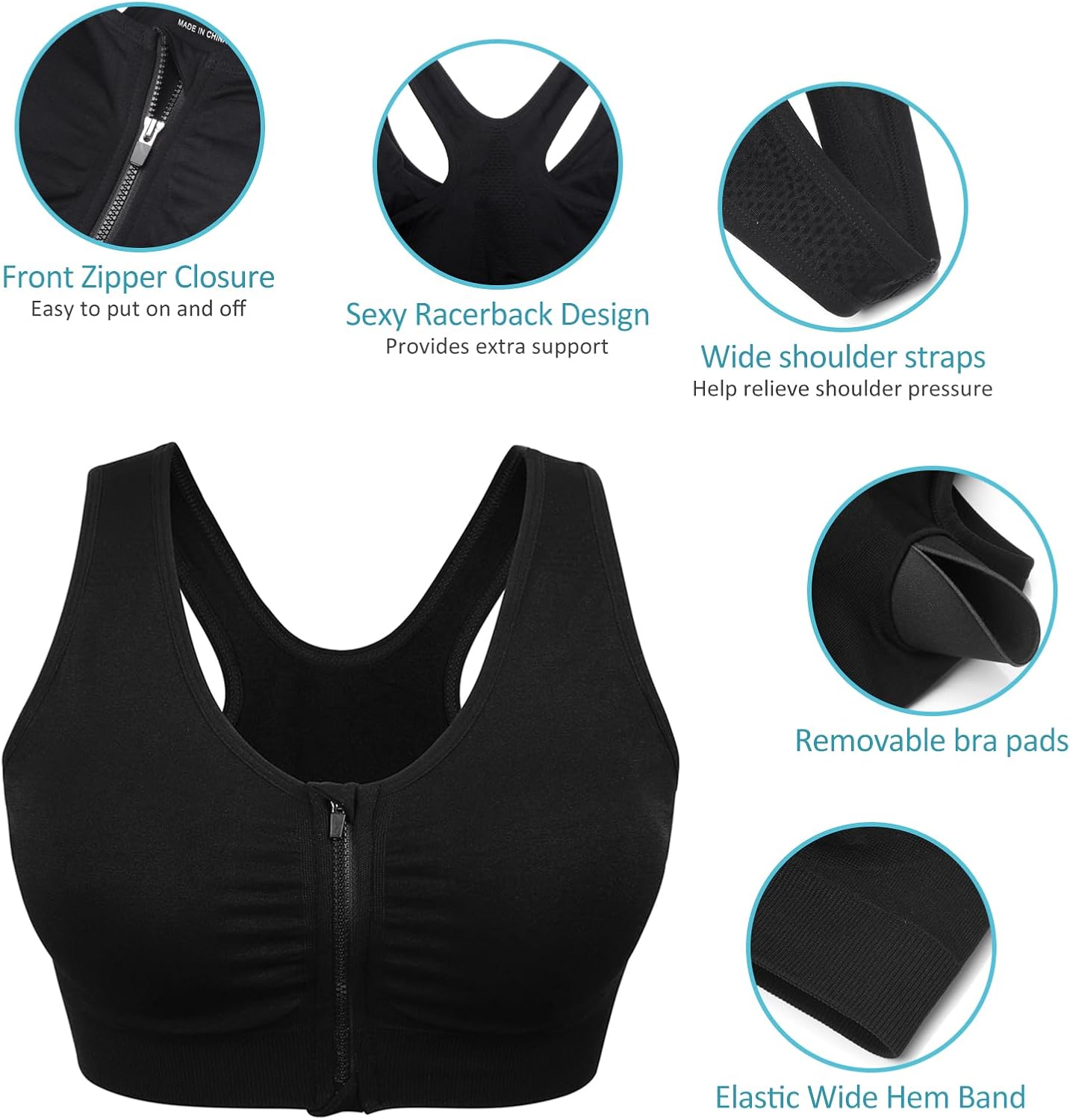 Women's Wireless Zip Front Sports Bra - Post-Surgery Comfort for Active Yoga | Soft & Supportive