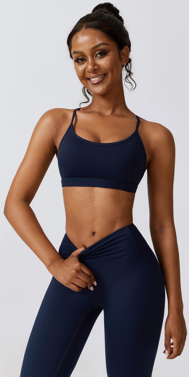 3 Piece Women Workout Set Sports Bra Crop Top Jacket with Thumb Holes Tummy Control High Waist Leggings M Navy Blue
